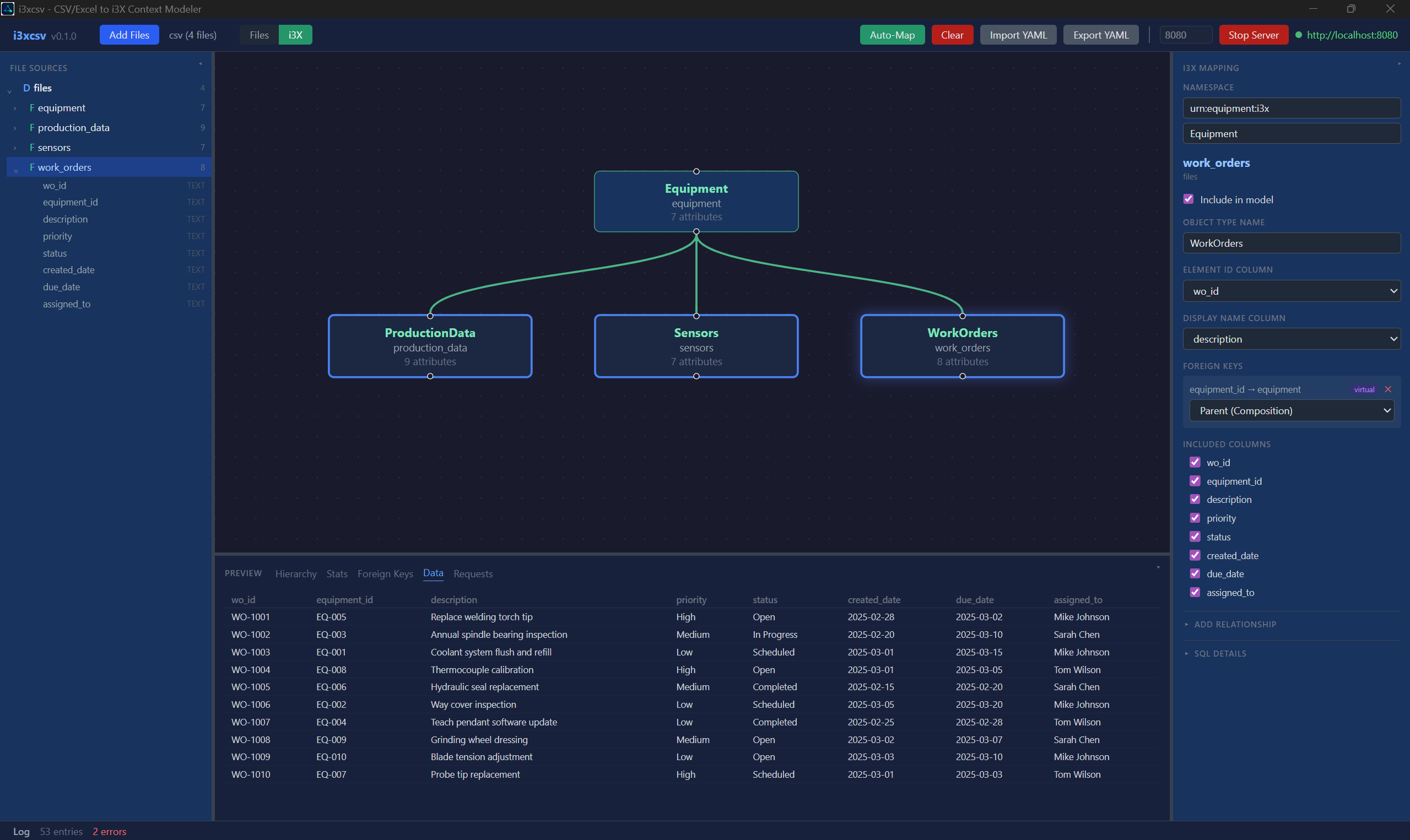 i3xcsv desktop application showing CSV files mapped to an i3X composition model